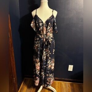 Floral Cold-Shoulder Midi Dress in Navy